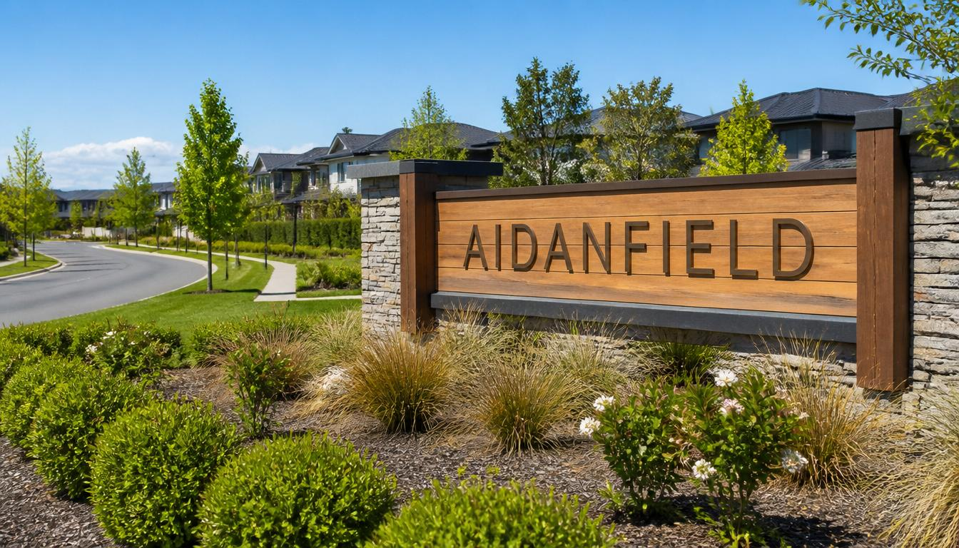 Aidanfield suburb entrance sign surrounded by modern homes, landscaped streets and family-friendly neighbourhoods in Christchurch.