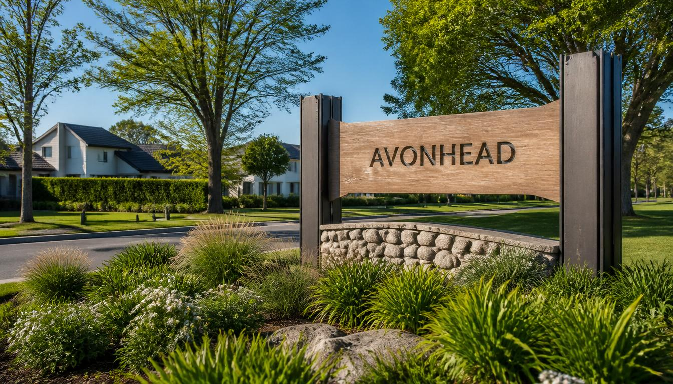 Welcome to Avonhead suburb entrance sign with established homes and green spaces in Christchurch.