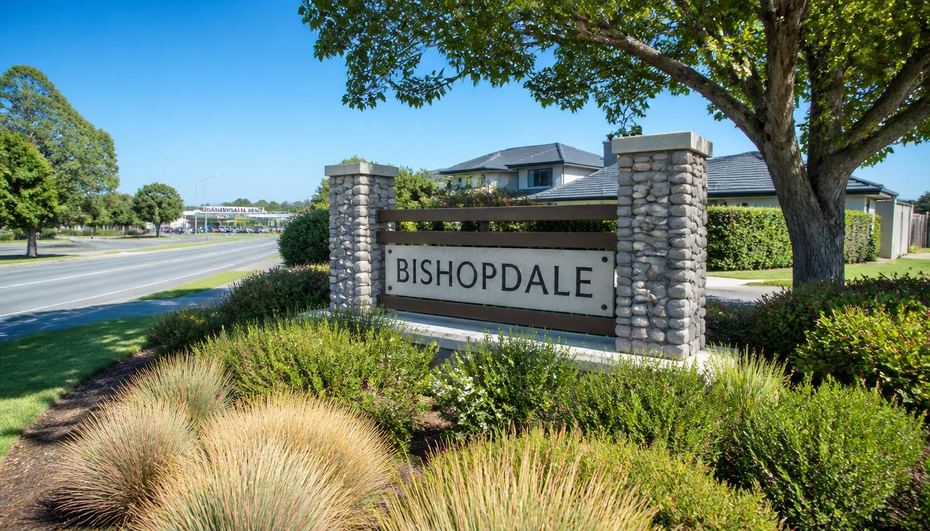 Bishopdale suburb entrance sign surrounded by mature trees and established Christchurch homes.