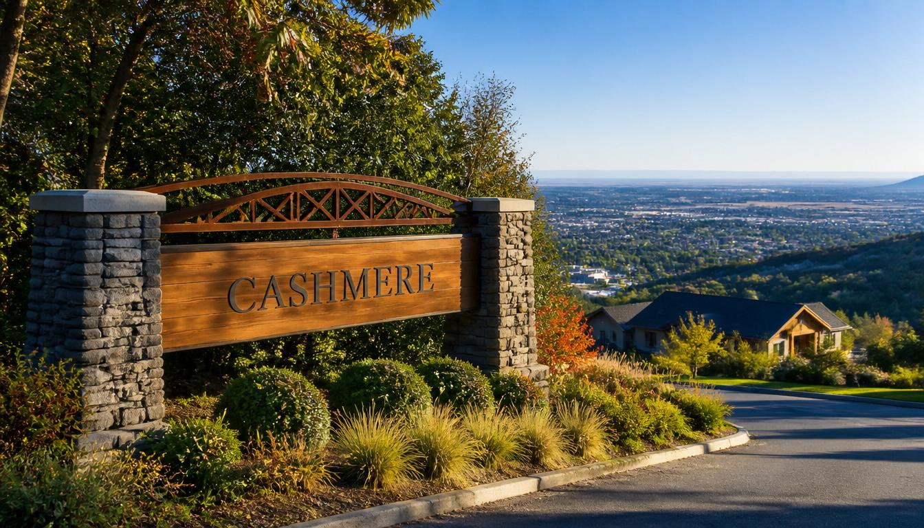 Cashmere suburb entrance sign with hillside homes and views across Christchurch.