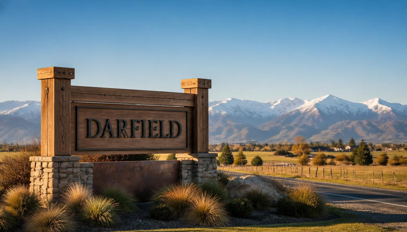 Darfield township entrance sign with Canterbury farmland and the Southern Alps in the background.