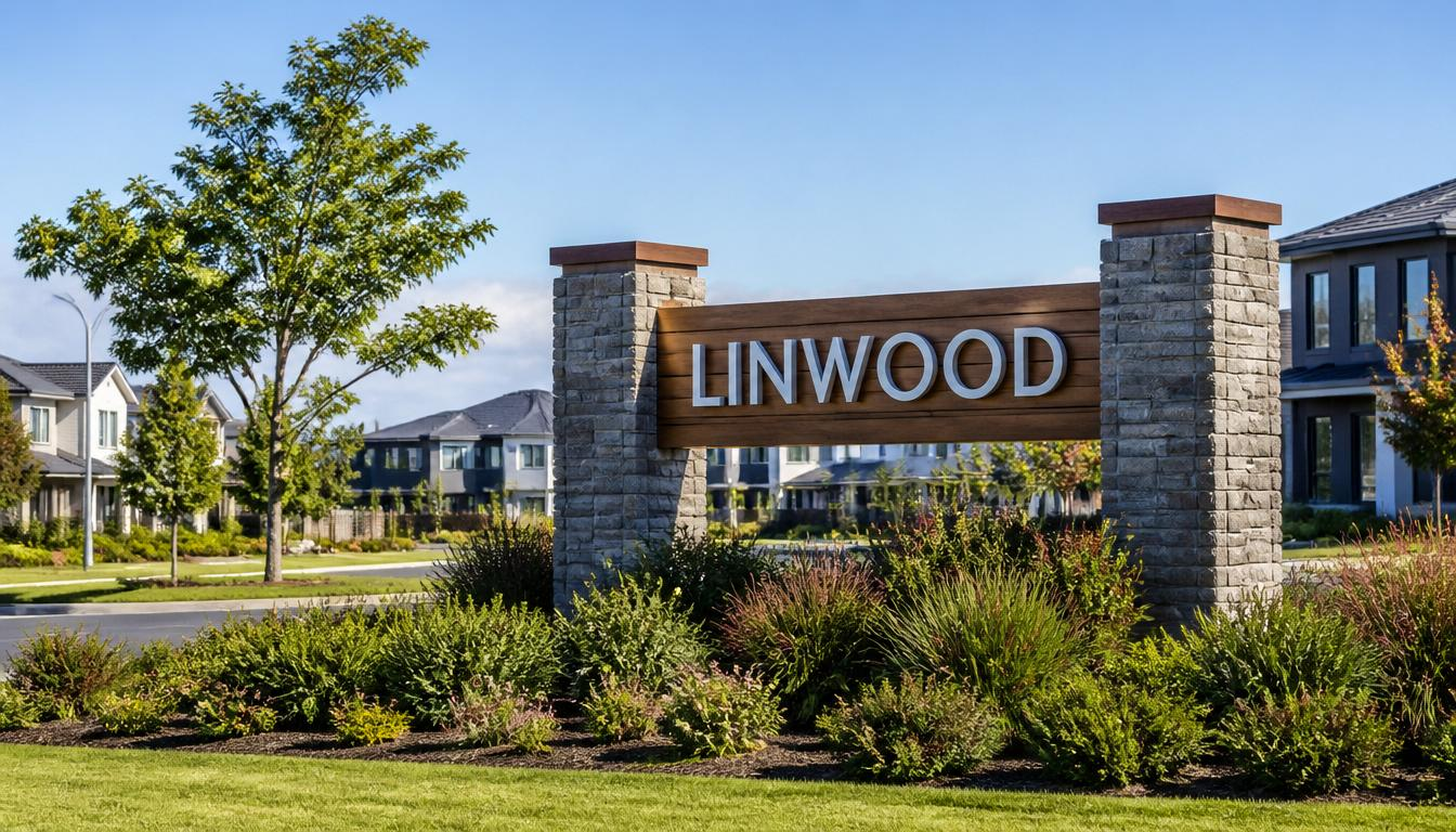 Linwood suburb entrance sign with established Christchurch homes and urban streetscape