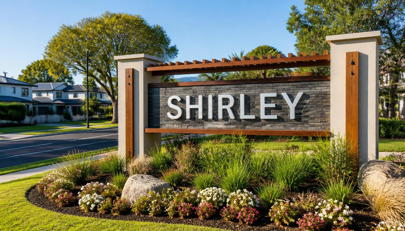 Shirley suburb entrance sign with residential streets and mature Christchurch landscaping.