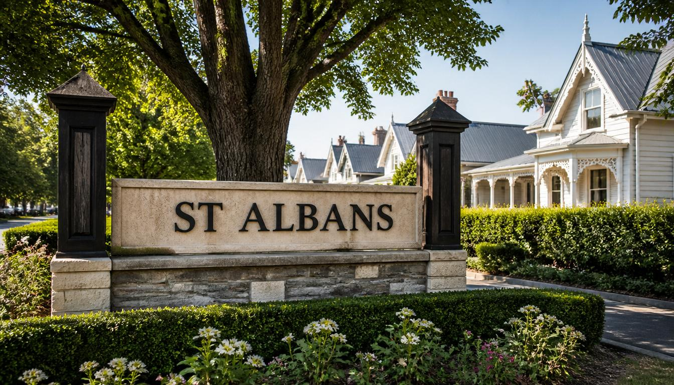 St Albans suburb entrance sign with character homes and tree-lined Christchurch streets.