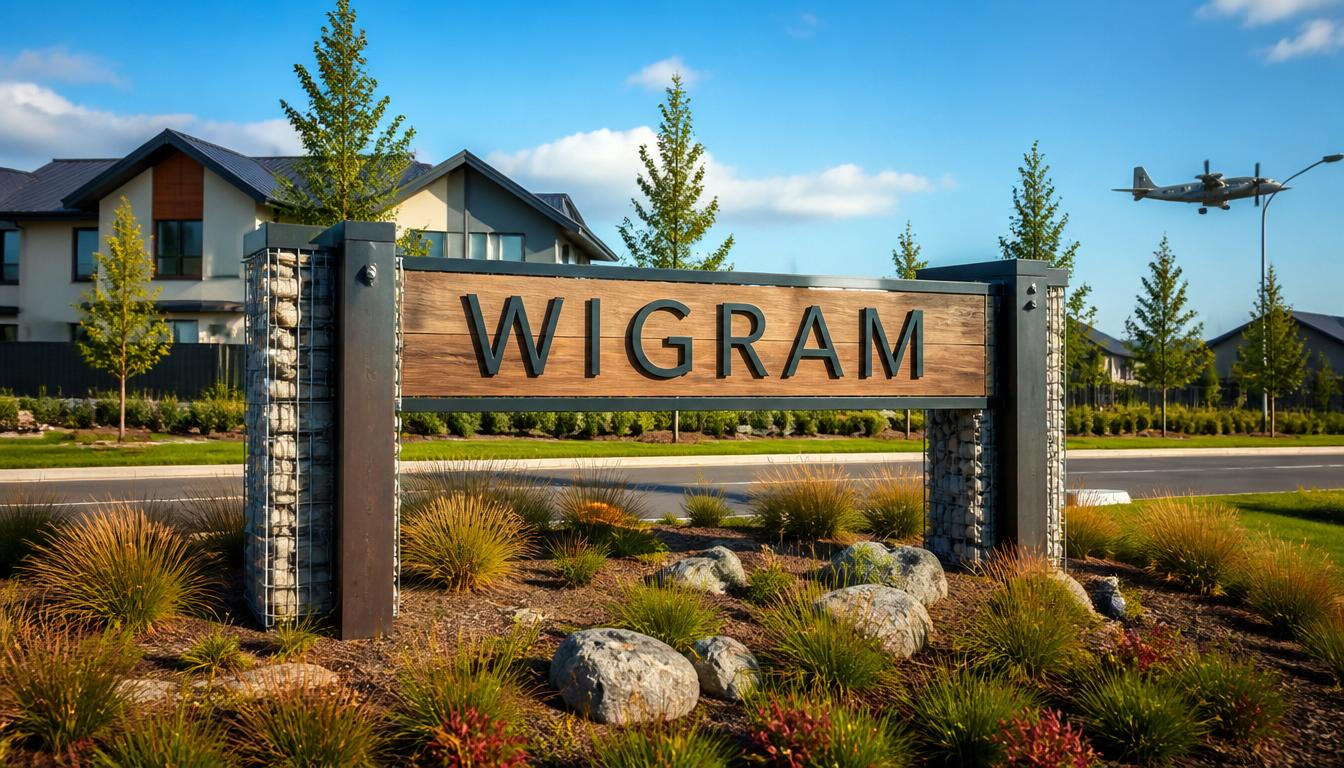 Wigram suburb entrance sign with modern homes and landscaped streets in Christchurch.