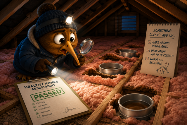 Kiwi inspecting gaps in ceiling insulation during a Healthy Homes inspection in Christchurch.