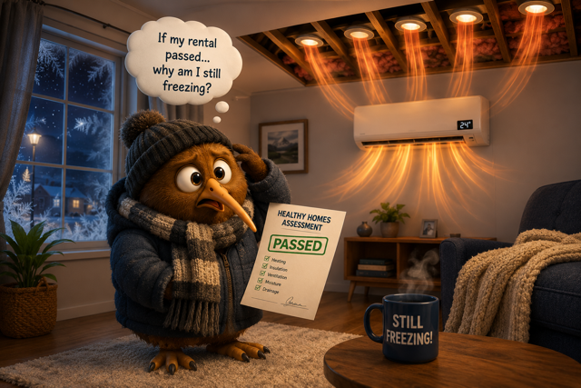 Cute kiwi tenant shivering inside a Christchurch rental despite passing a Healthy Homes assessment.