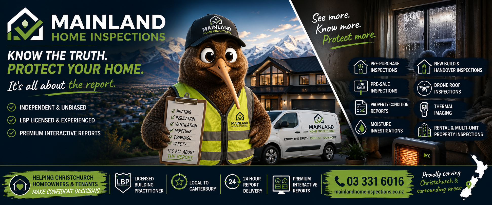 Cute kiwi mascot welcoming customers to Mainland Home Inspections in Christchurch and Canterbury.