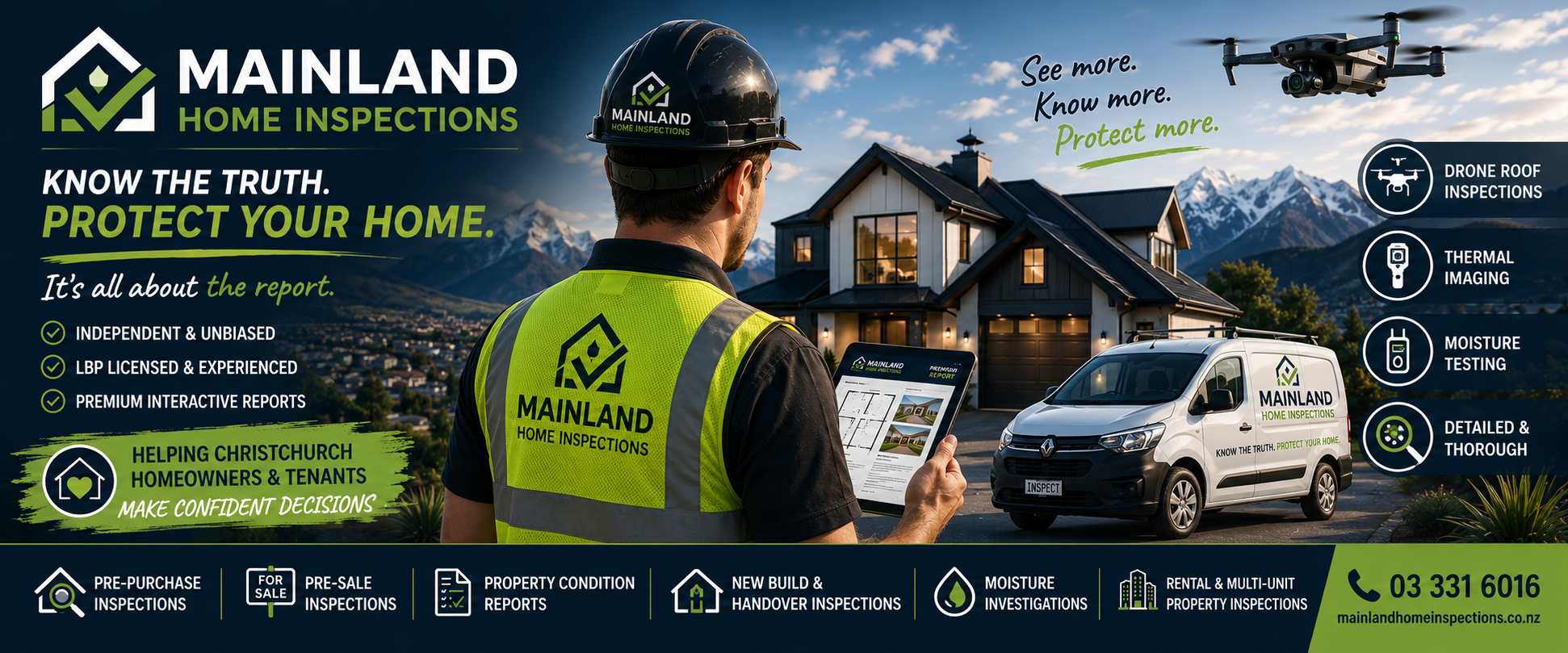 Mainland Home Inspections Facebook cover featuring a professional building inspector serving Christchurch and Canterbury.